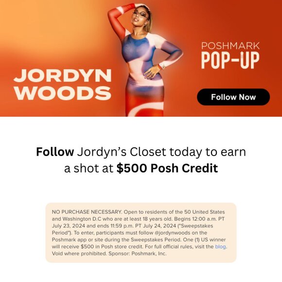 Follow Jordyn’s closet today to earn a shot at $500 Posh Credit. - Picture 1 of 1